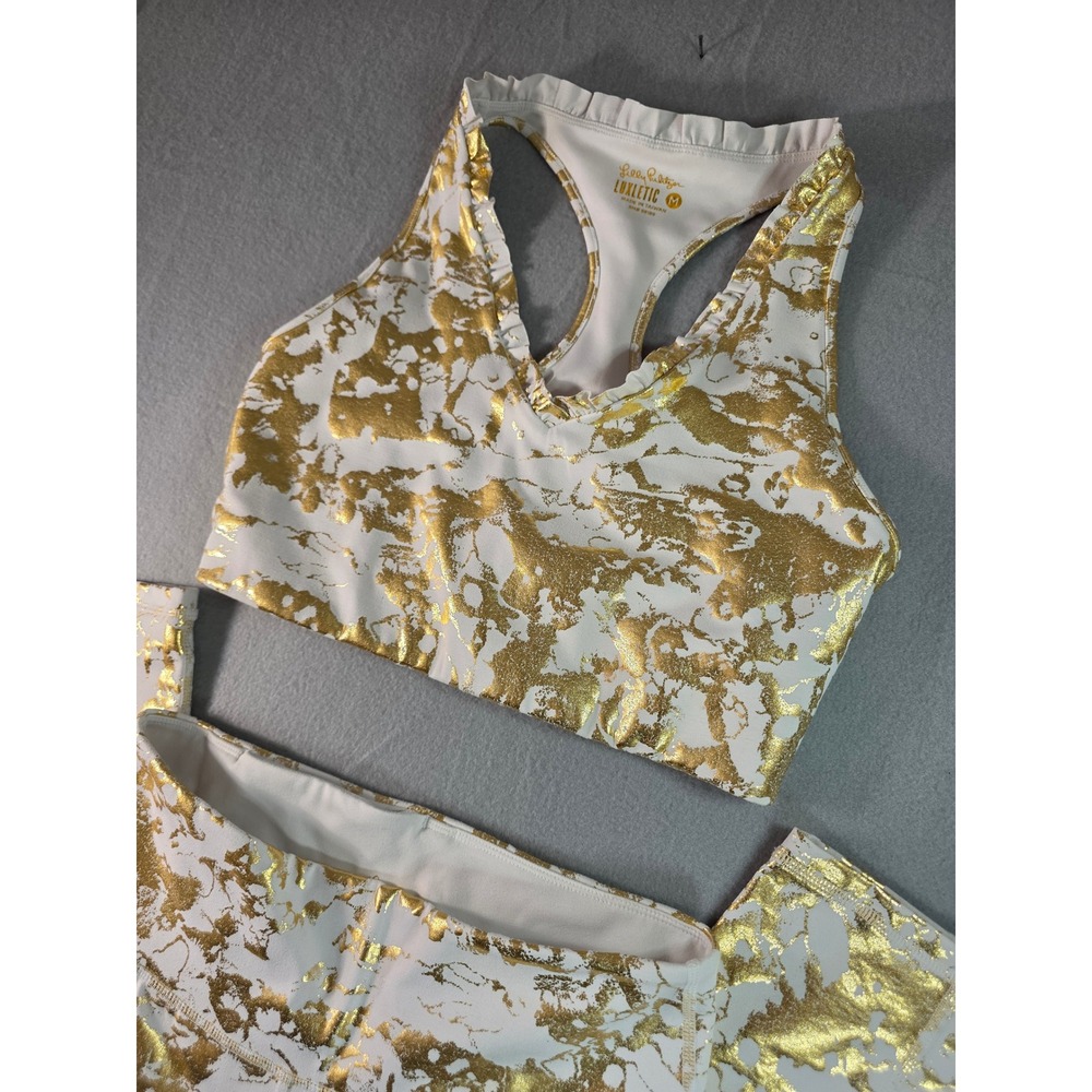 Lilly Pulitzer Luxletic Gold Metallic Foil Marble Sports Bra Leggings Set M